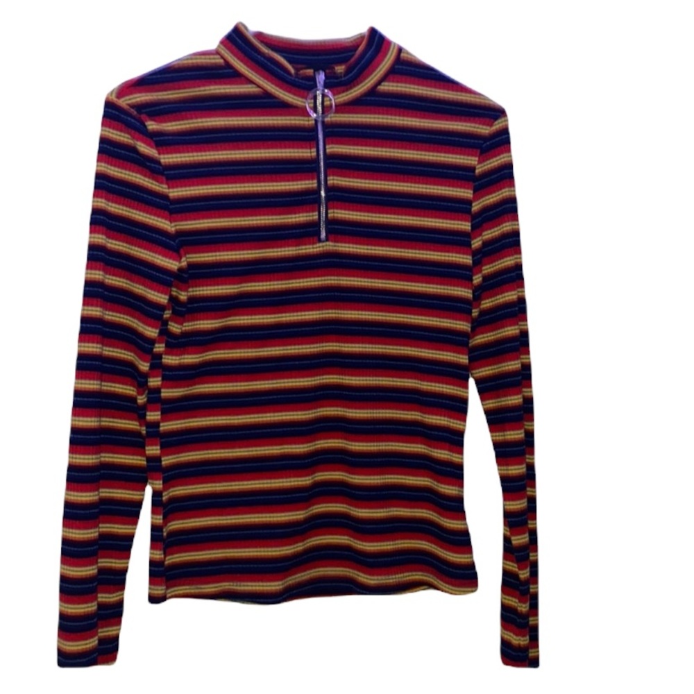 Colorful striped long sleeve half zipper up shirt from shein